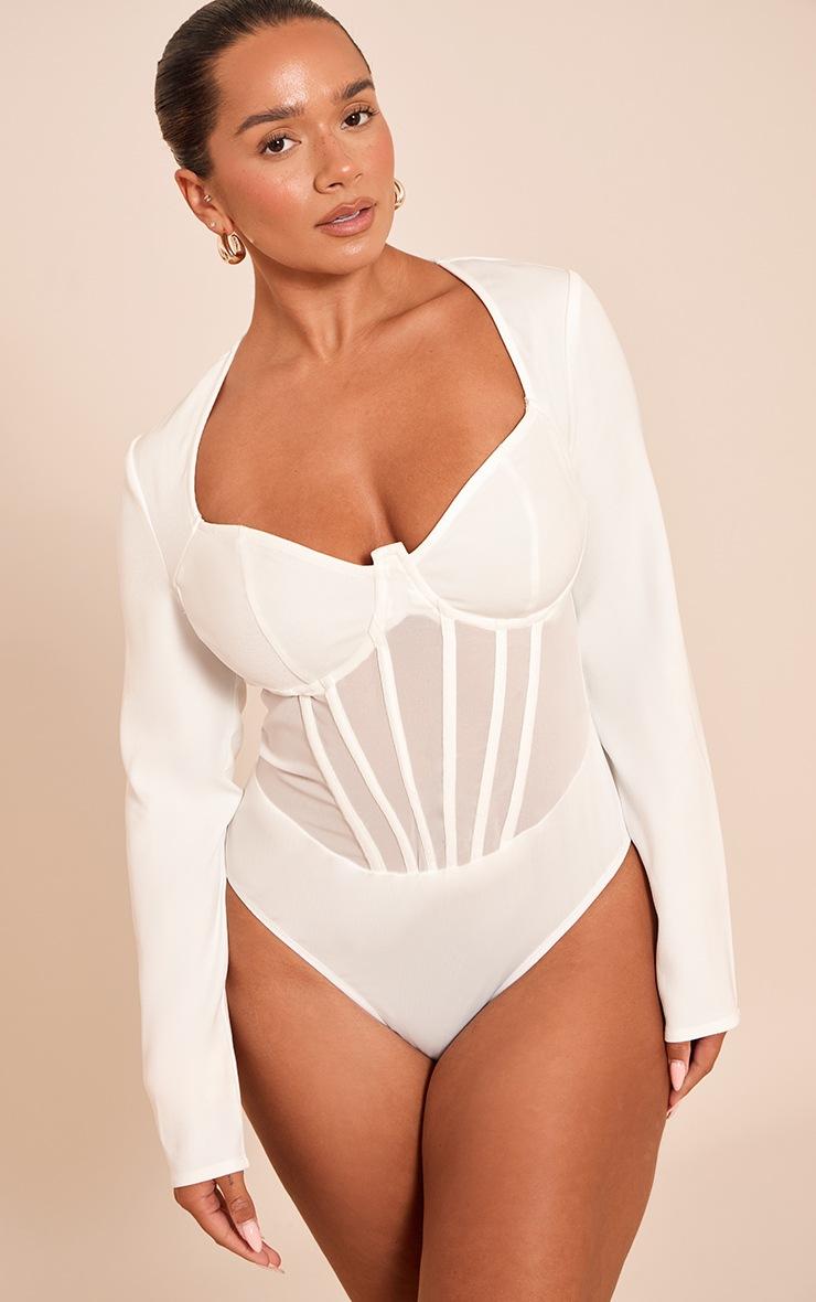 Pretty Little Thing Shape White Mesh Long Sleeve Corset Bodysuit
