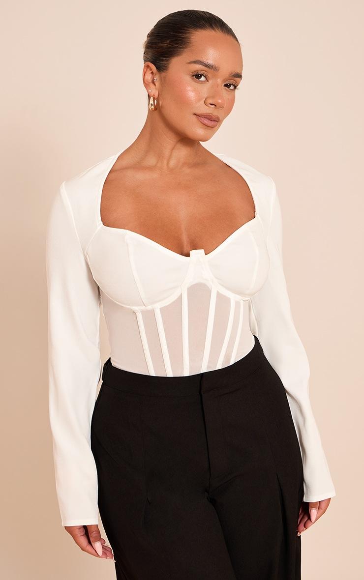 Pretty Little Thing Shape White Mesh Long Sleeve Corset Bodysuit