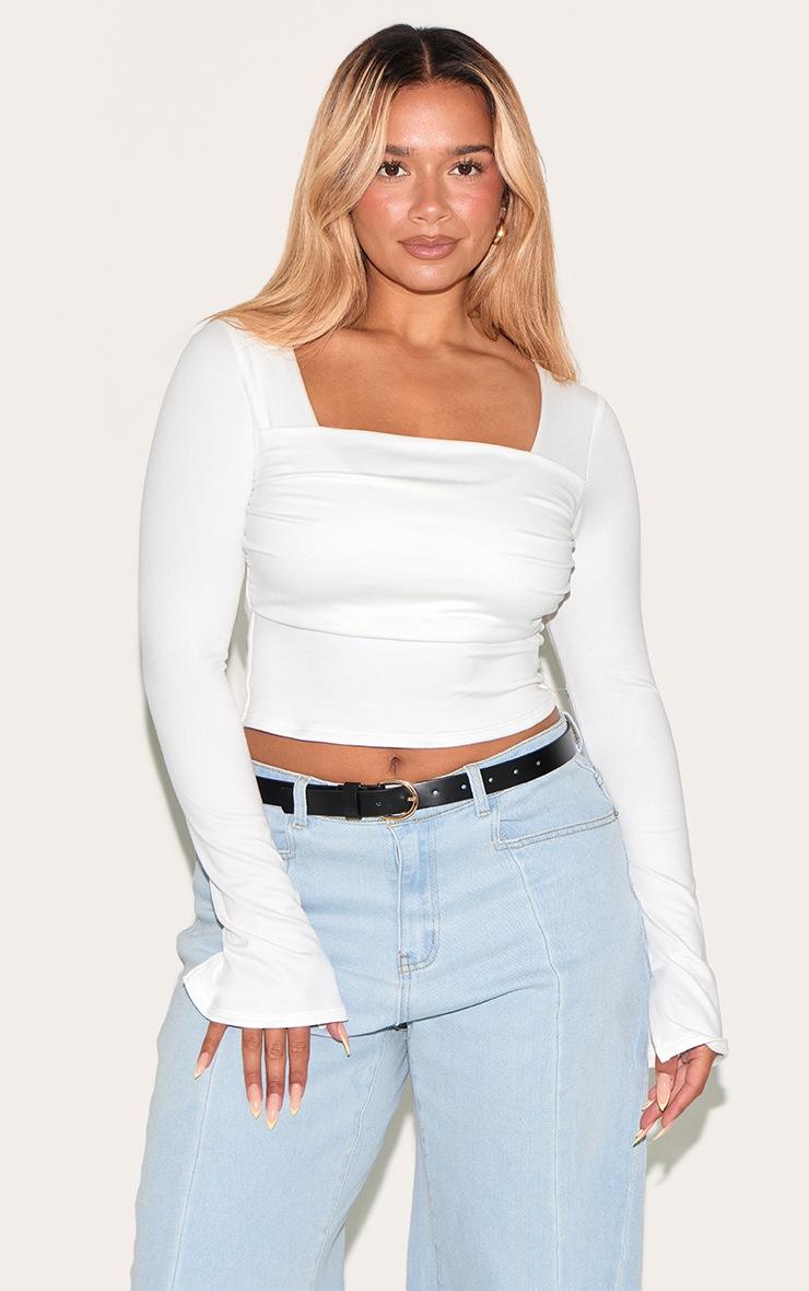 Pretty Little Thing Shape White Super Soft Scoop Neck Ruched Bust Long Sleeve Top