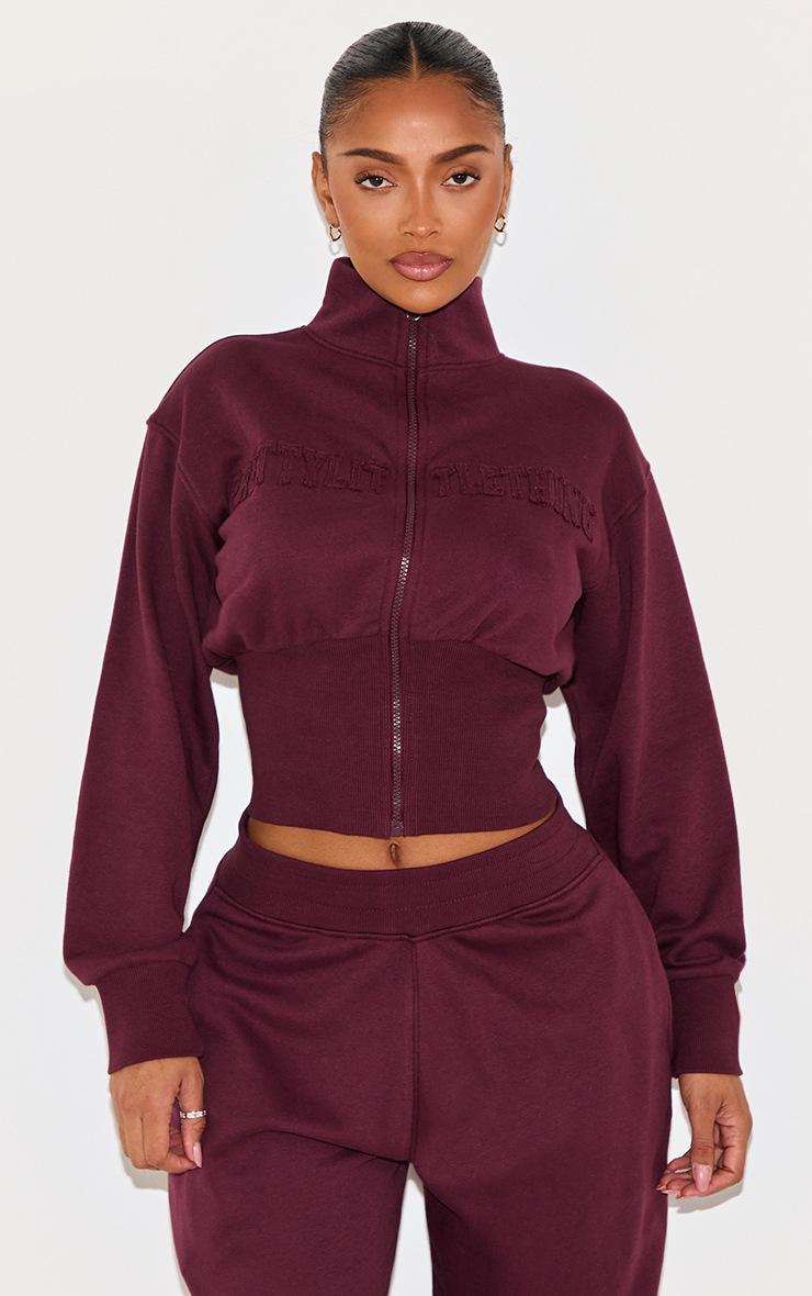 Pretty Little Thing Shape Wine Fitted Zip Up Sweatshirt