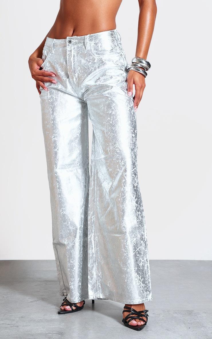 Pretty Little Thing Silver Coated Crackle Effect Denim Wide Leg Jeans