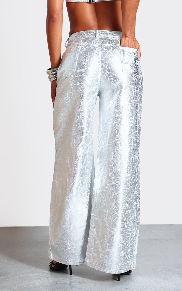 Pretty Little Thing Silver Coated Crackle Effect Denim Wide Leg Jeans