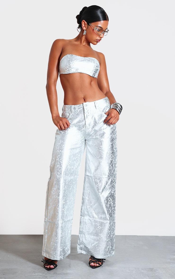 Pretty Little Thing Silver Coated Crackle Effect Denim Wide Leg Jeans