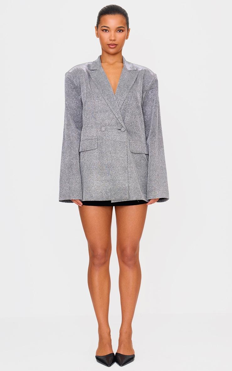 Pretty Little Thing Silver Glitter Oversized Curved Hem Boxy Blazer