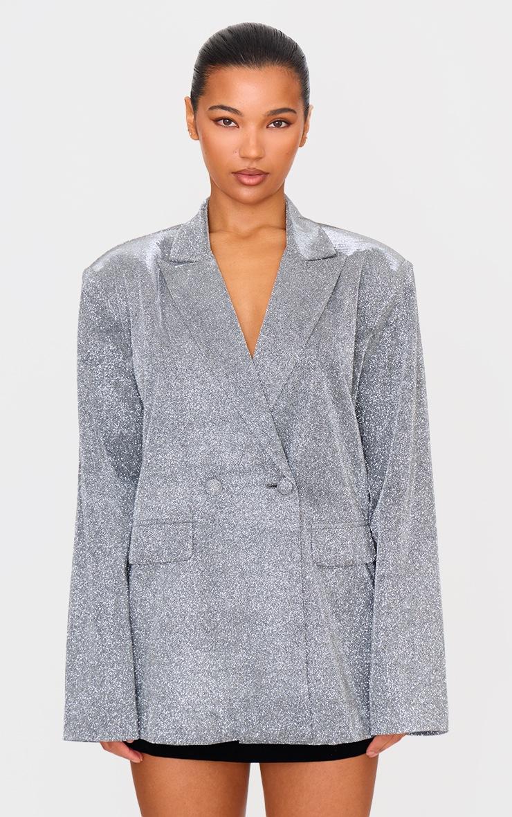 Pretty Little Thing Silver Glitter Oversized Curved Hem Boxy Blazer