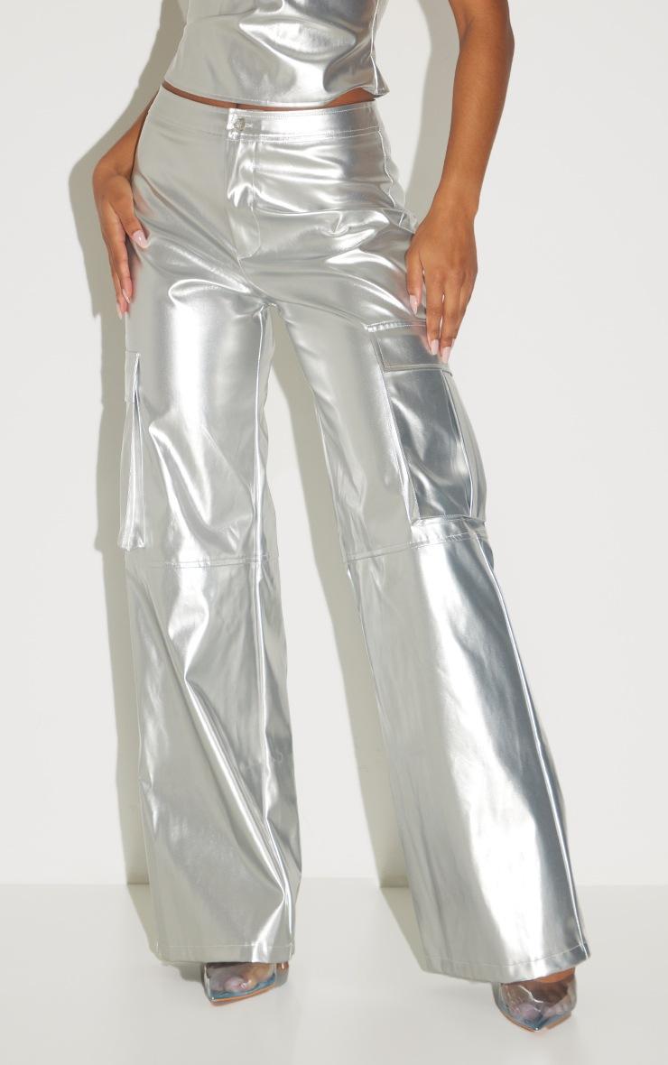 Pretty Little Thing Silver Metallic Faux Leather Wide Leg Cargo Pants