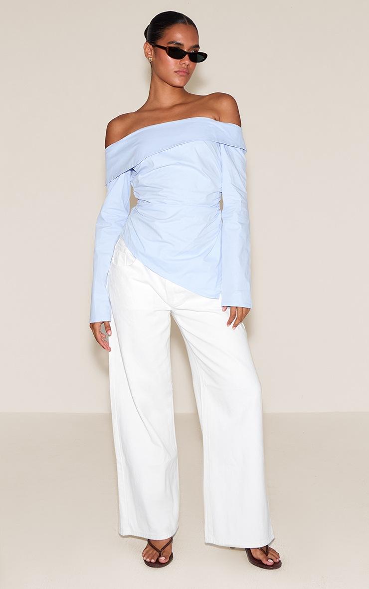 Pretty Little Thing Sky Blue Cotton Ruched Asymmetric Hem Bardot Top