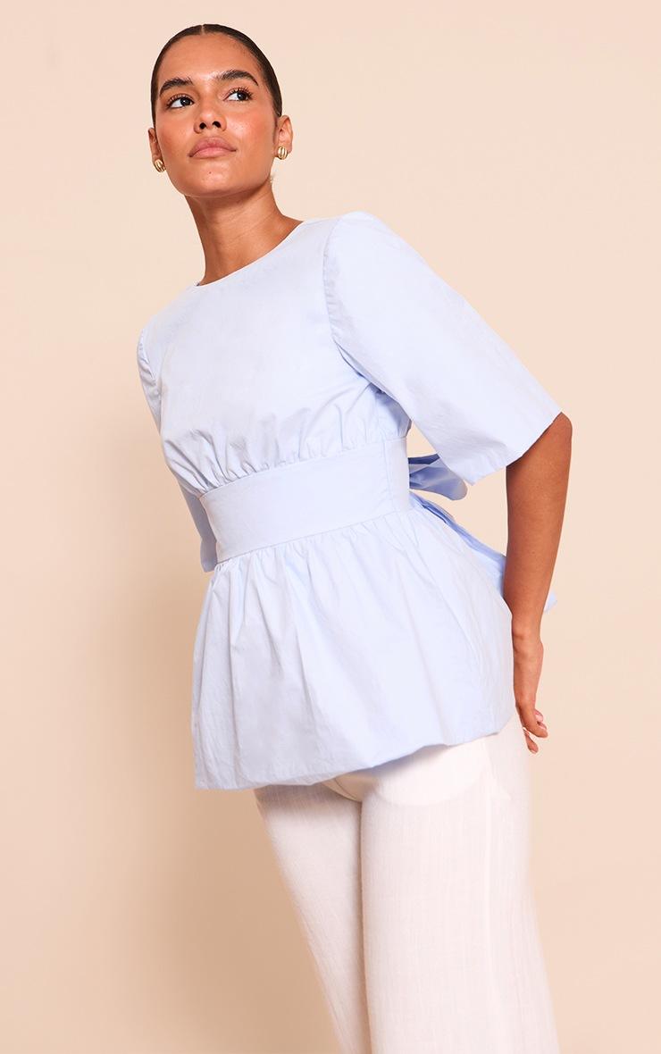 Pretty Little Thing Sky Blue Cotton Short Sleeve Tie Back Blouse