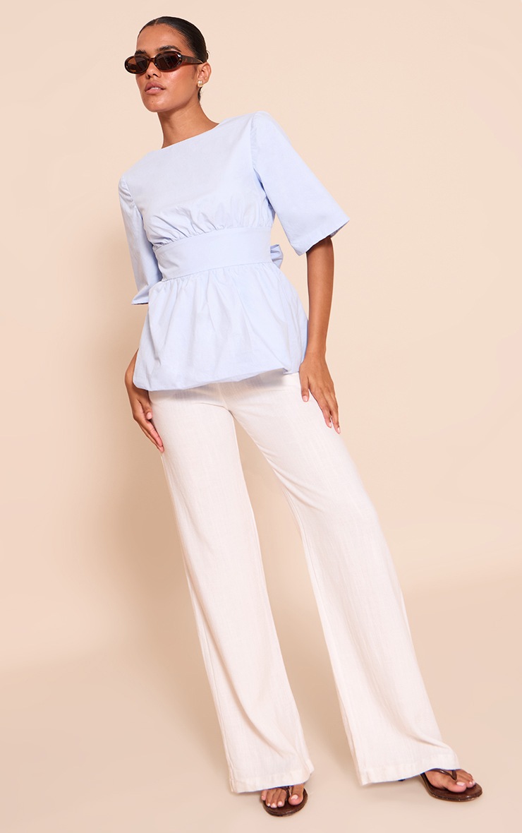 Pretty Little Thing Sky Blue Cotton Short Sleeve Tie Back Blouse