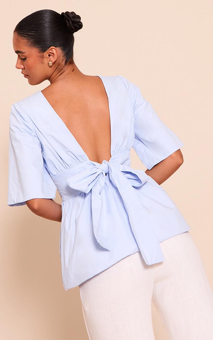 Pretty Little Thing Sky Blue Cotton Short Sleeve Tie Back Blouse