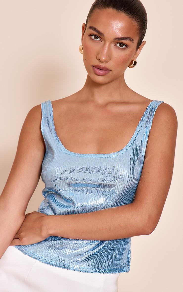 Pretty Little Thing Sky Blue Sequin Scoop Neck Long Top