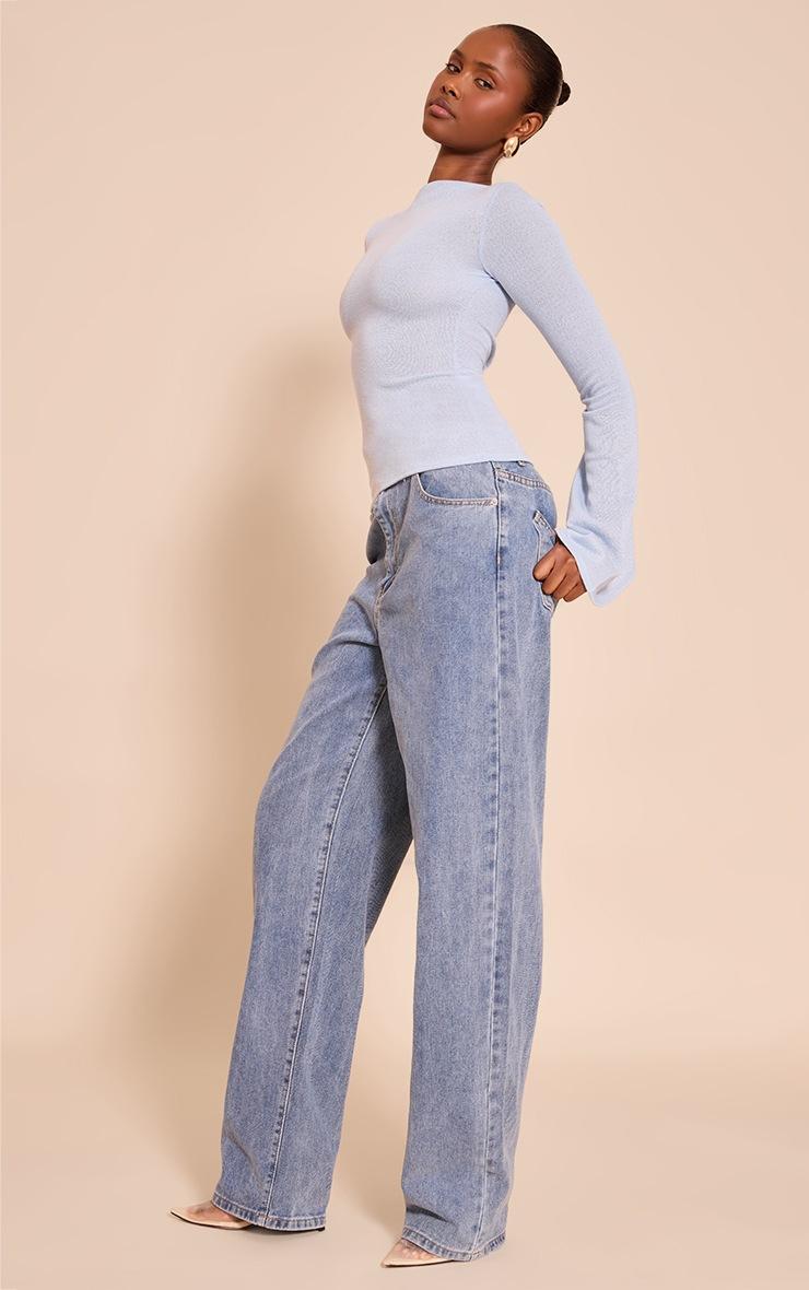 Pretty Little Thing Sky Blue Textured Extreme Flute Sleeve Long Top