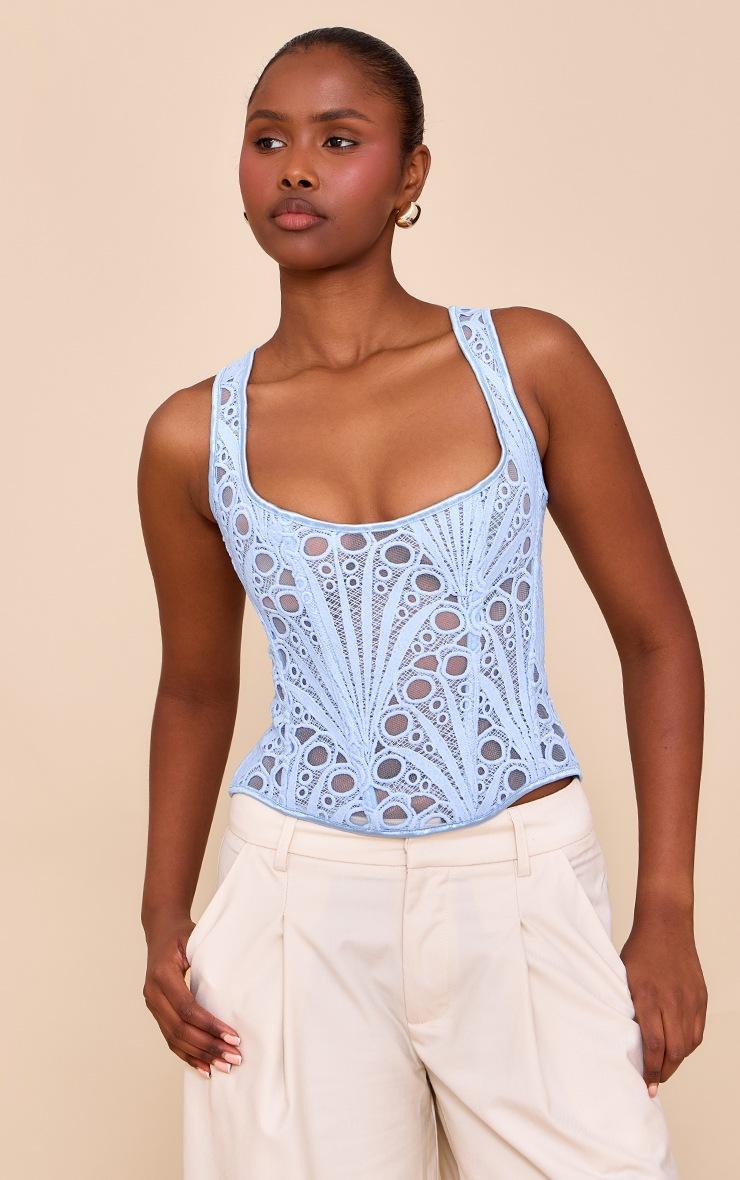 Pretty Little Thing Sky Blue Textured Sheer Floral Square Neck Corset