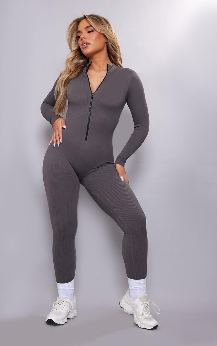 Pretty Little Thing Slate Grey Structured Snatched Rib Zip Jumpsuit