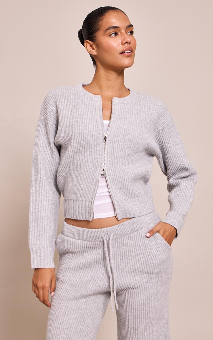 Pretty Little Thing Soft Grey Brushed Rib Knit Zip Through Cardigan