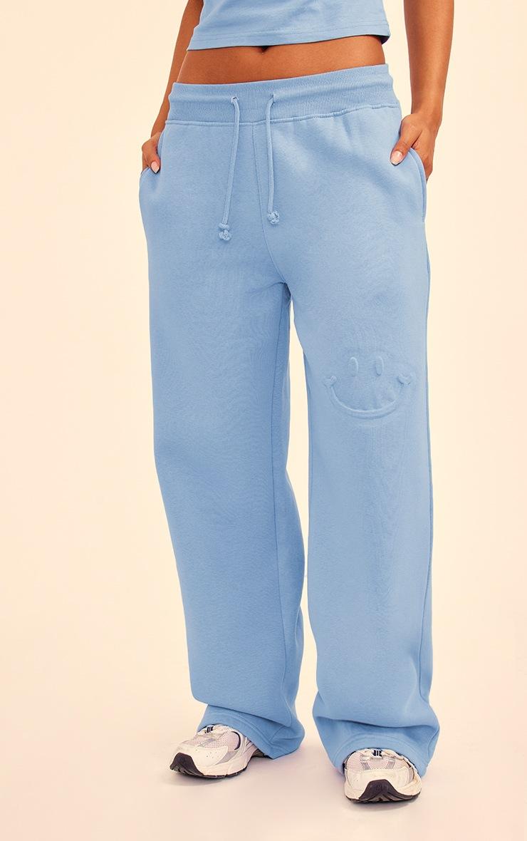 Pretty Little Thing Steel Blue Smile Embossed Wide Leg Sweatpants