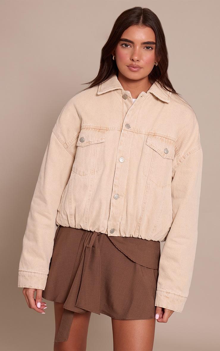 Pretty Little Thing Stone Balloon Hem Quilted Cropped Denim Jacket