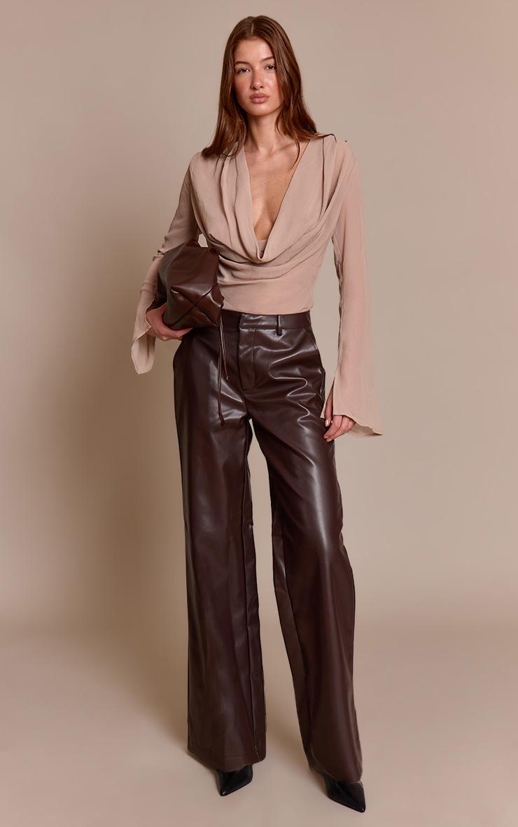 Pretty Little Thing Stone Chiffon Cowl Plunge Blouse