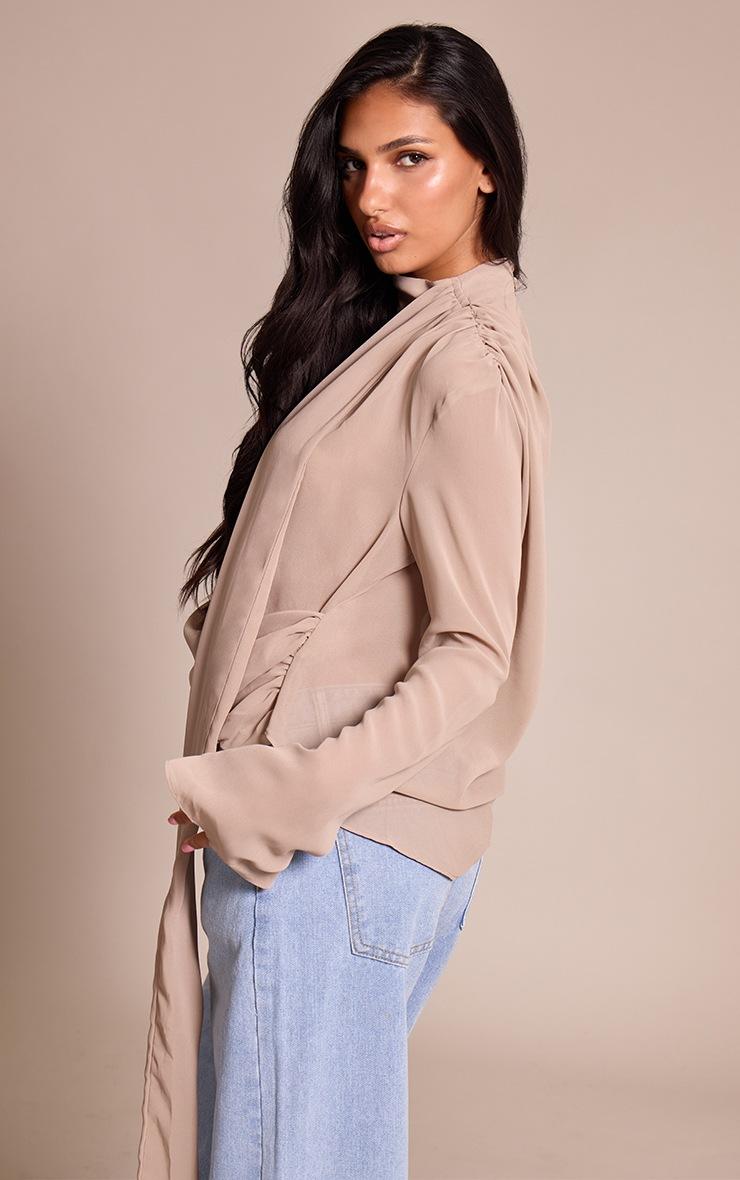 Pretty Little Thing Stone Chiffon Scarf Detail Extreme Cowl Neck Blouse