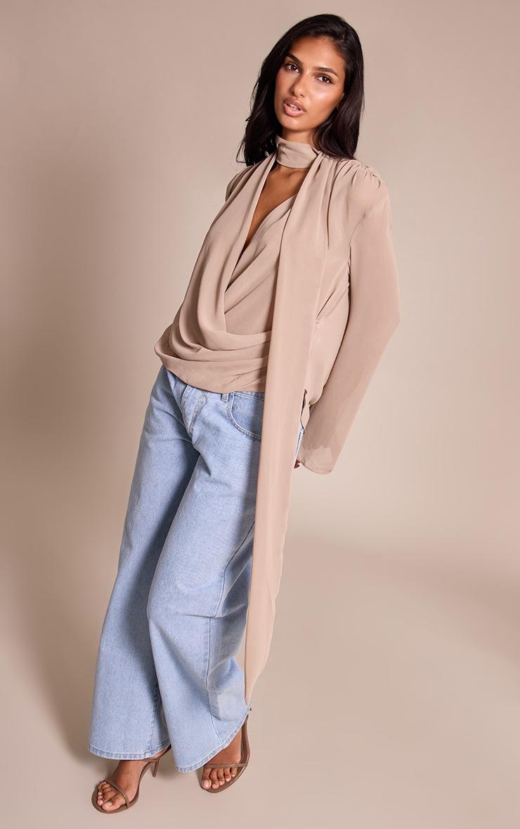 Pretty Little Thing Stone Chiffon Scarf Detail Extreme Cowl Neck Blouse