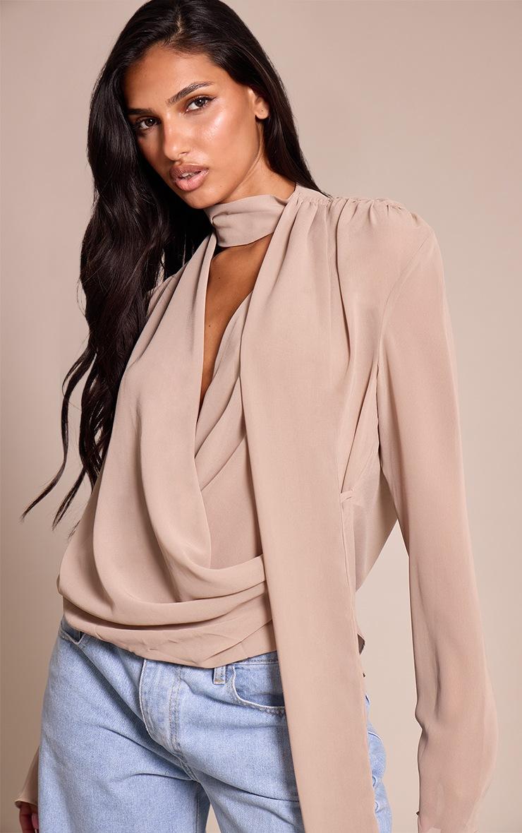 Pretty Little Thing Stone Chiffon Scarf Detail Extreme Cowl Neck Blouse