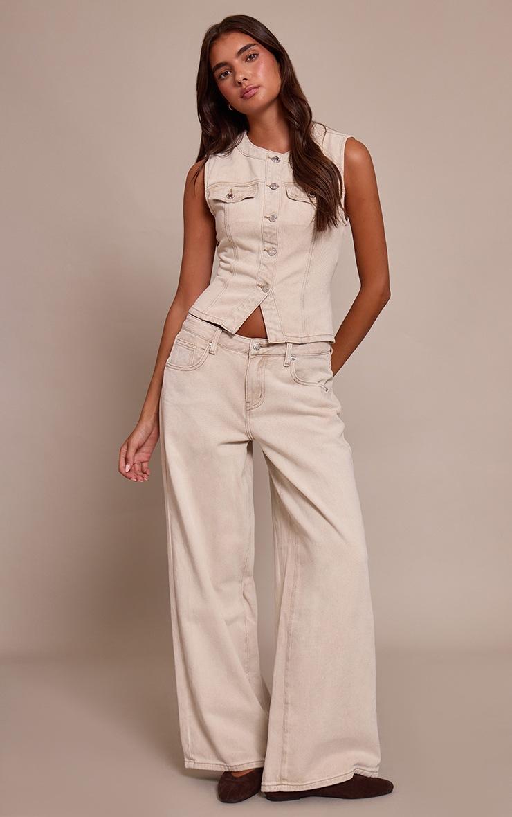 Pretty Little Thing Stone Collarless Button Up Denim Top