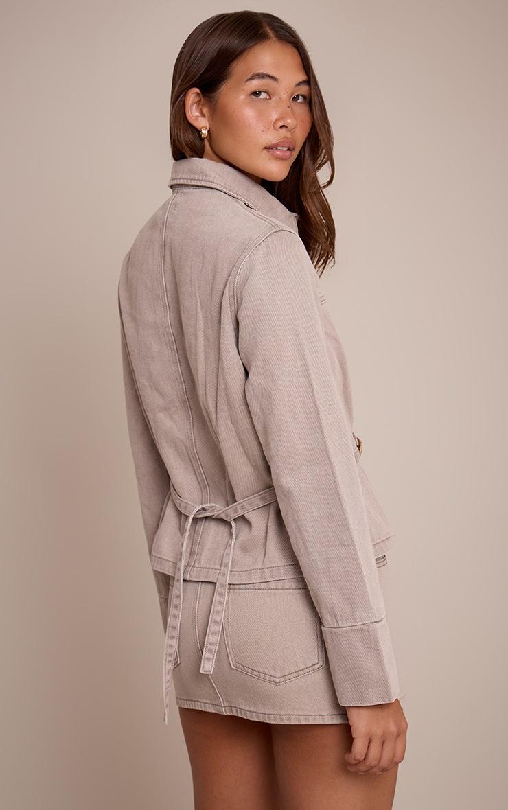 Pretty Little Thing Stone Concealed Placket Crop Belted Denim Jacket