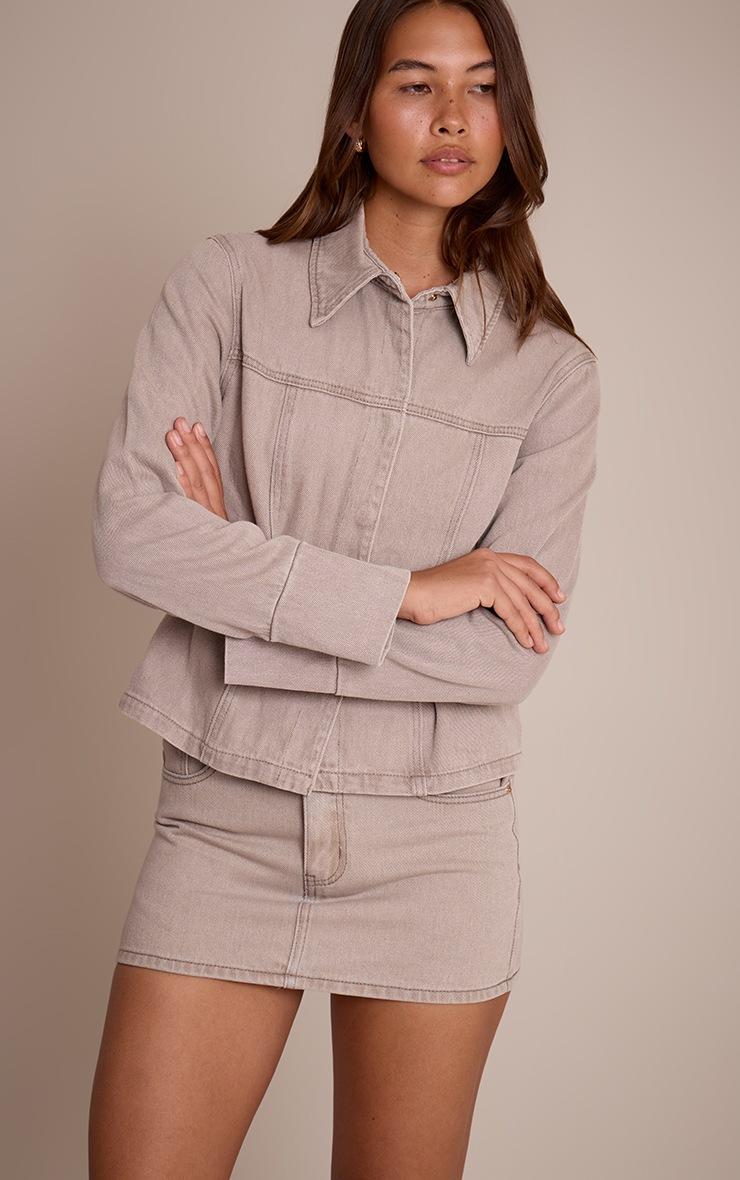 Pretty Little Thing Stone Concealed Placket Crop Belted Denim Jacket