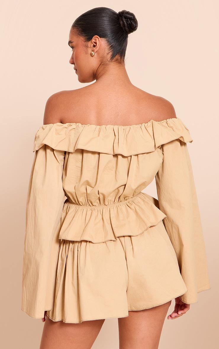 Pretty Little Thing Stone Cotton Woven Frill Bardot Long Sleeve Long Top