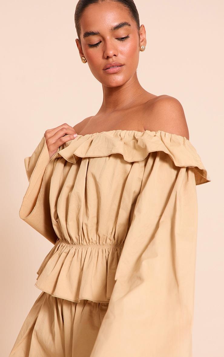 Pretty Little Thing Stone Cotton Woven Frill Bardot Long Sleeve Long Top