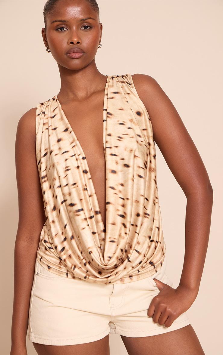 Pretty Little Thing Stone Double Layer Animal Print Slinky Extreme Cowl Neck Top