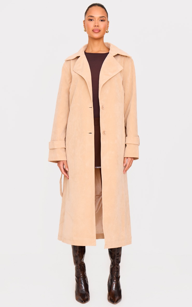 Pretty Little Thing Stone Faux Suede Buckle Belt Trench Coat