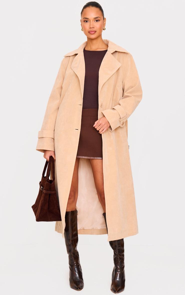 Pretty Little Thing Stone Faux Suede Buckle Belt Trench Coat