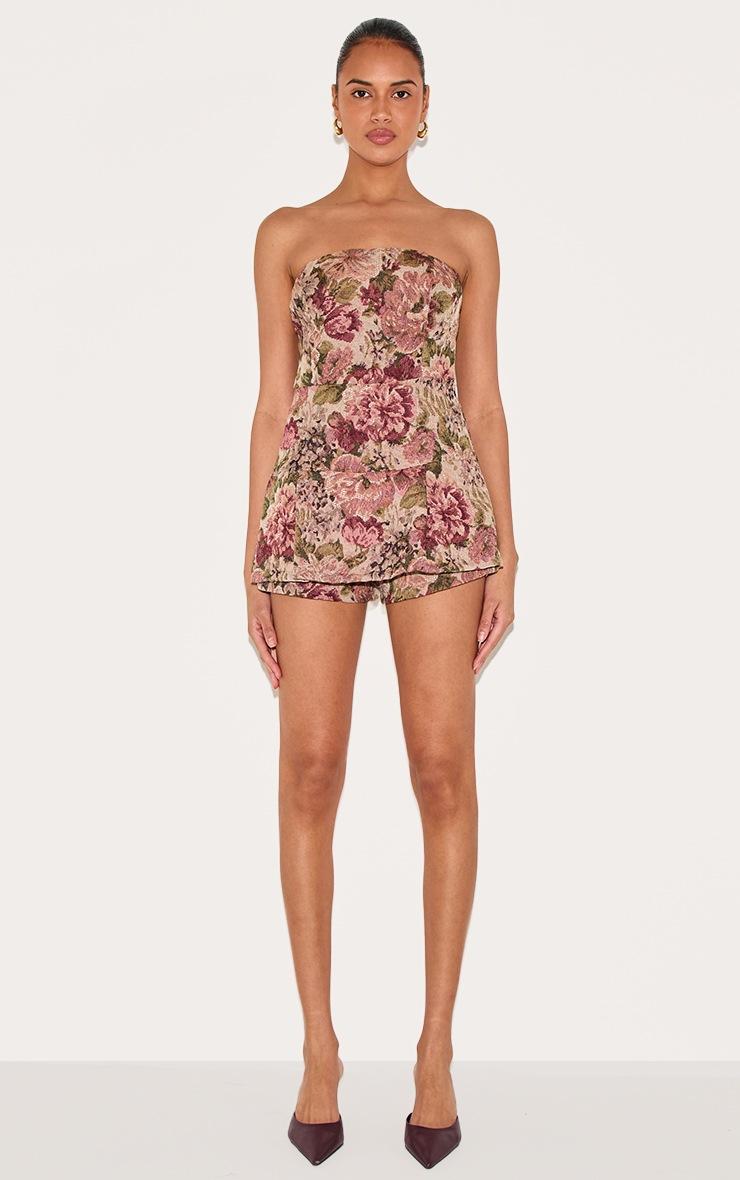 Pretty Little Thing Stone Floral Jacquard Bandeau Pleated Skort Romper