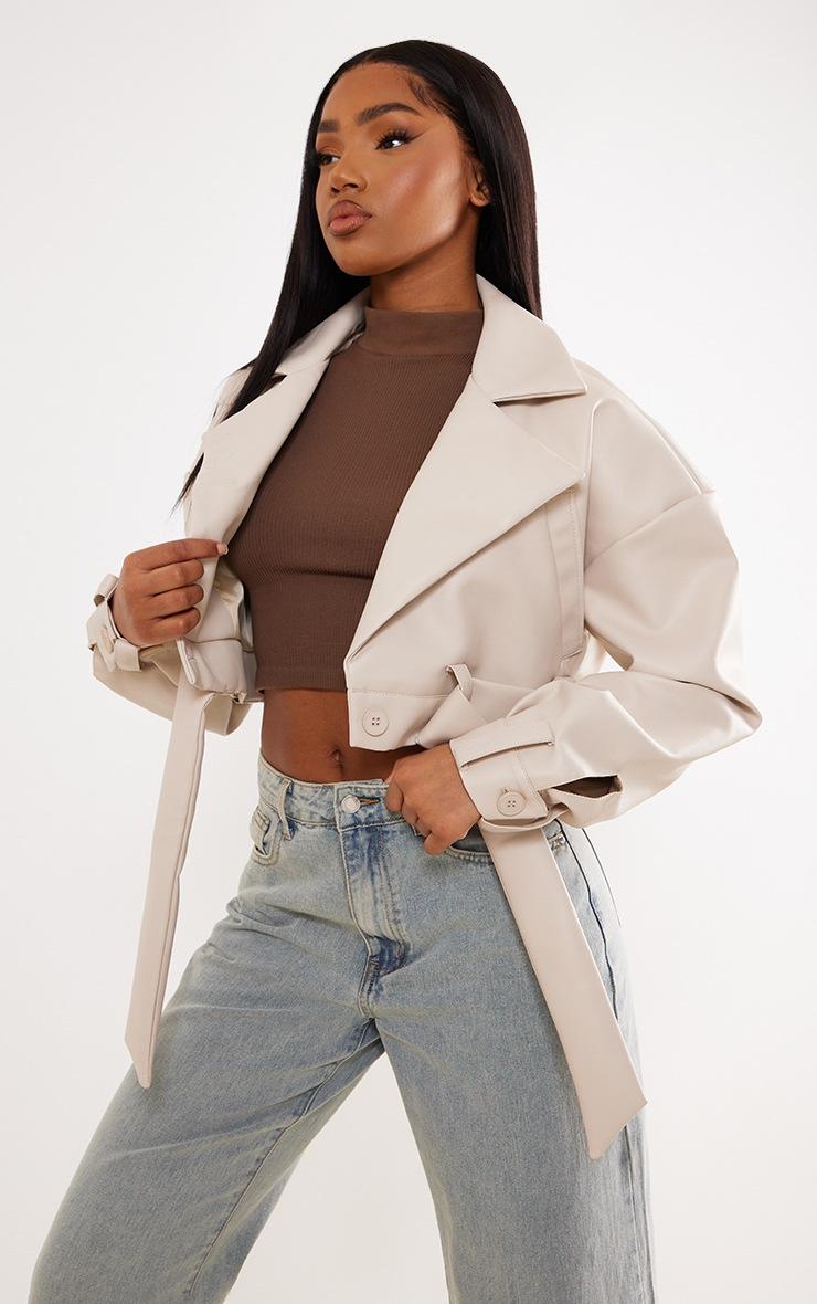 Pretty Little Thing Stone Oversized Belted Hem Cropped Biker Jacket
