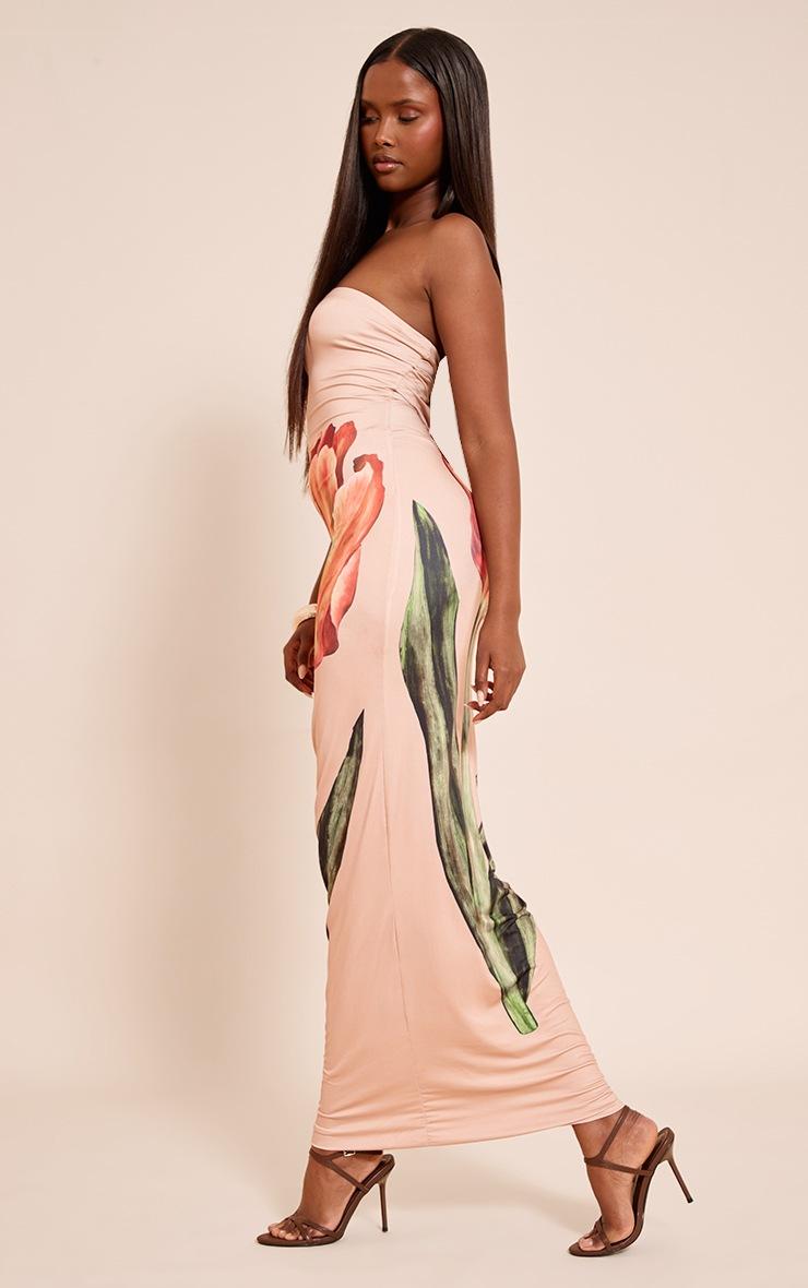 Pretty Little Thing Stone Oversized Floral Print Bandeau Maxi Dress