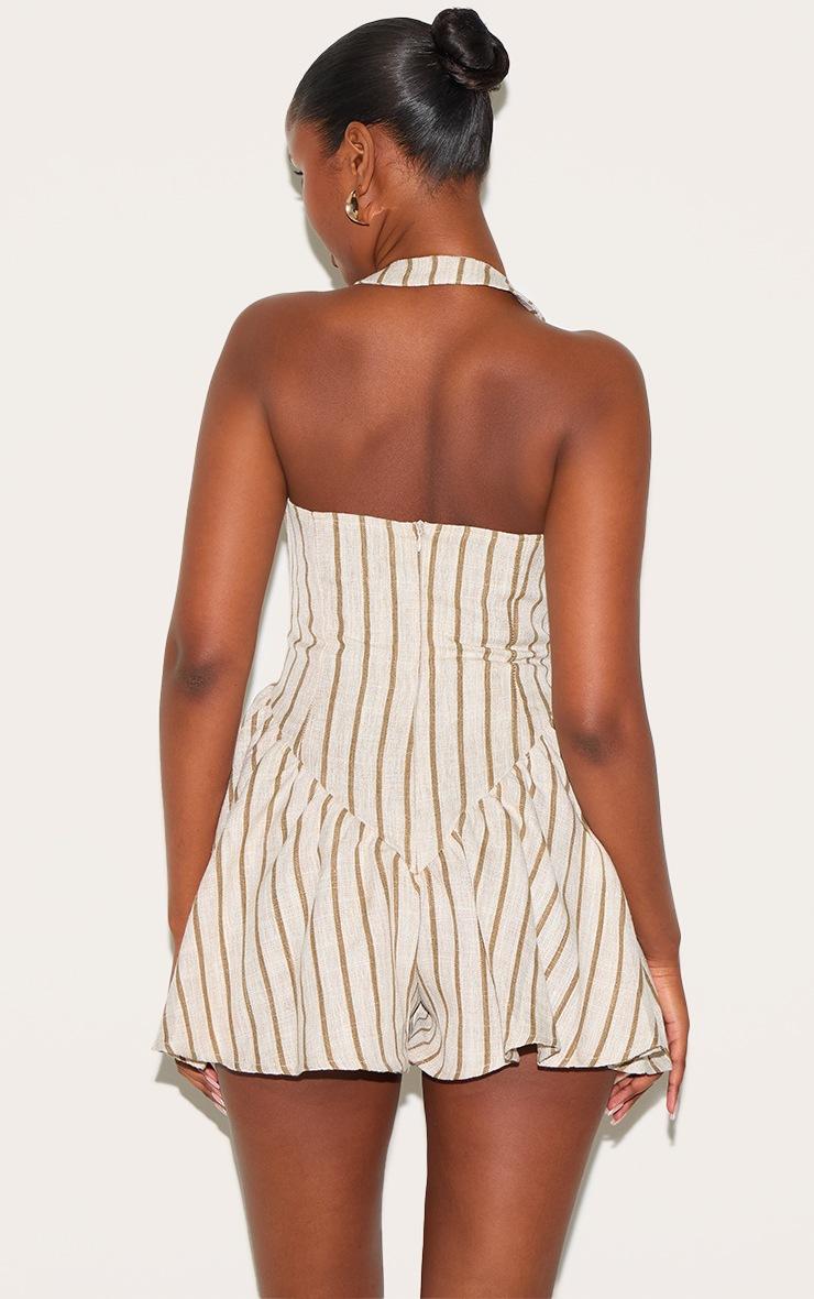 Pretty Little Thing Stone Pinstripe Linen Halter Neck Floaty Romper