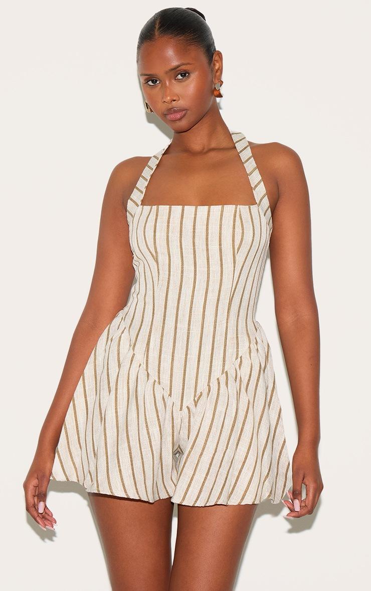 Pretty Little Thing Stone Pinstripe Linen Halter Neck Floaty Romper