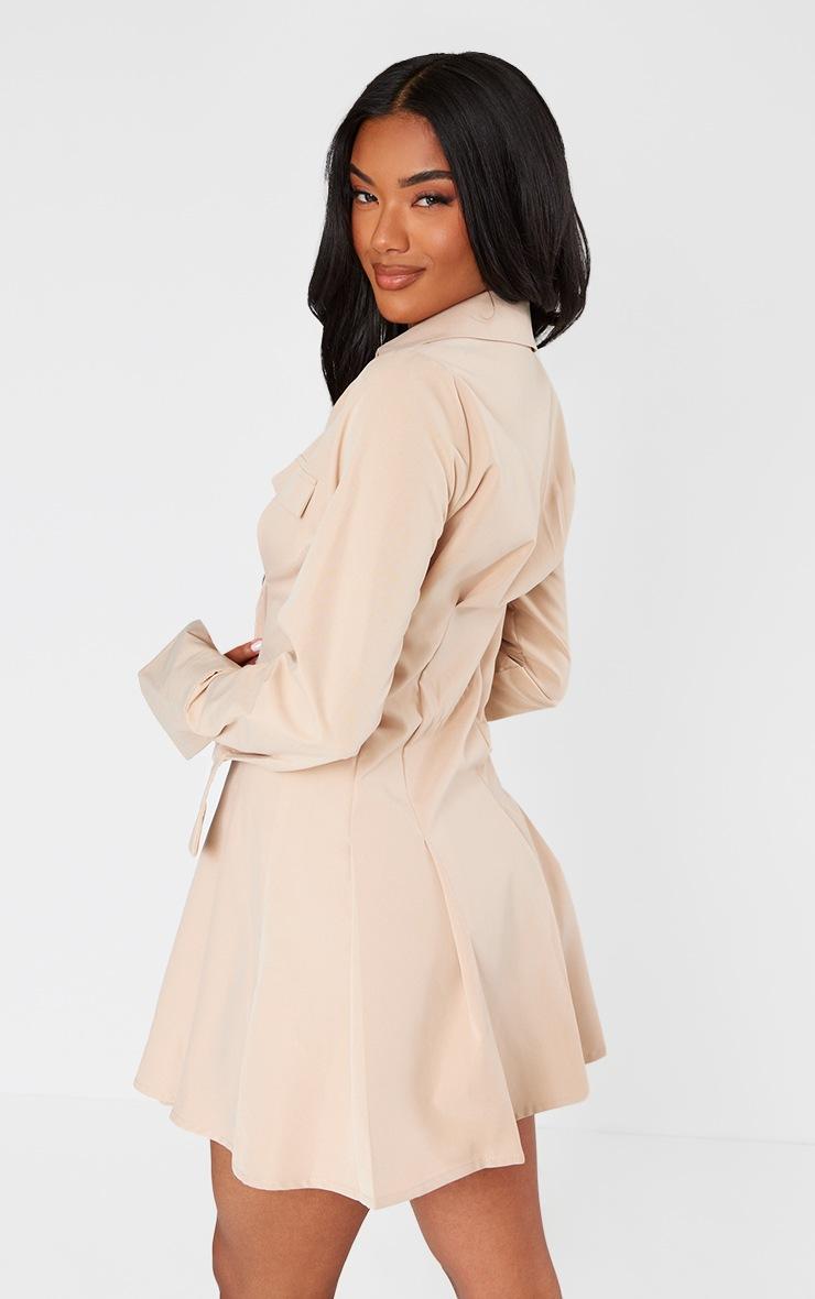 Pretty Little Thing Stone Poplin Pleated Flared Sleeve Shirt Dress