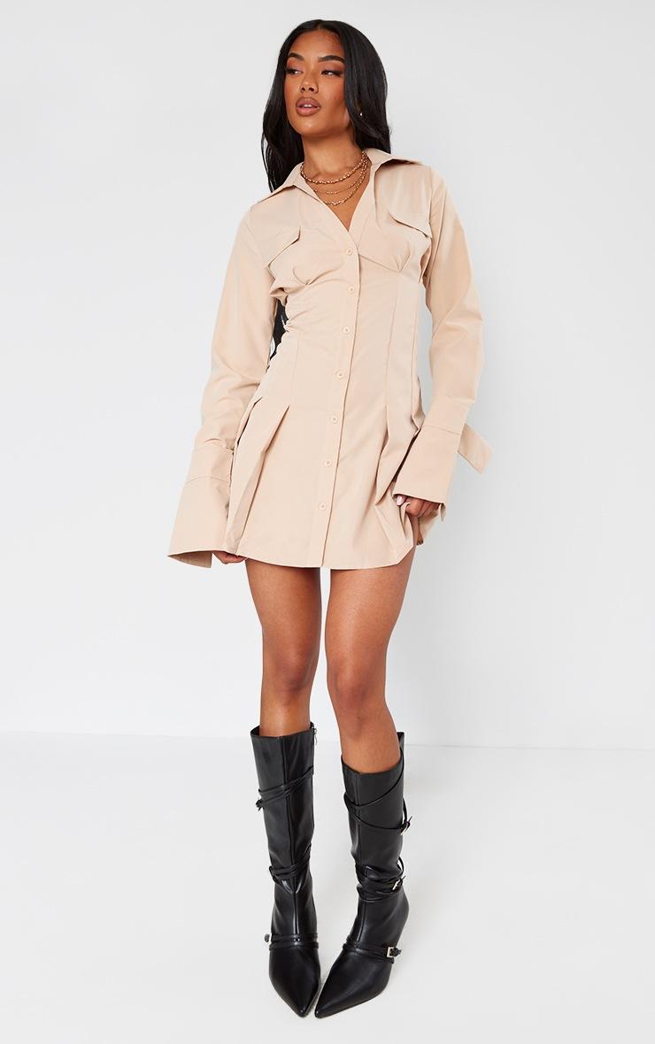 Pretty Little Thing Stone Poplin Pleated Flared Sleeve Shirt Dress