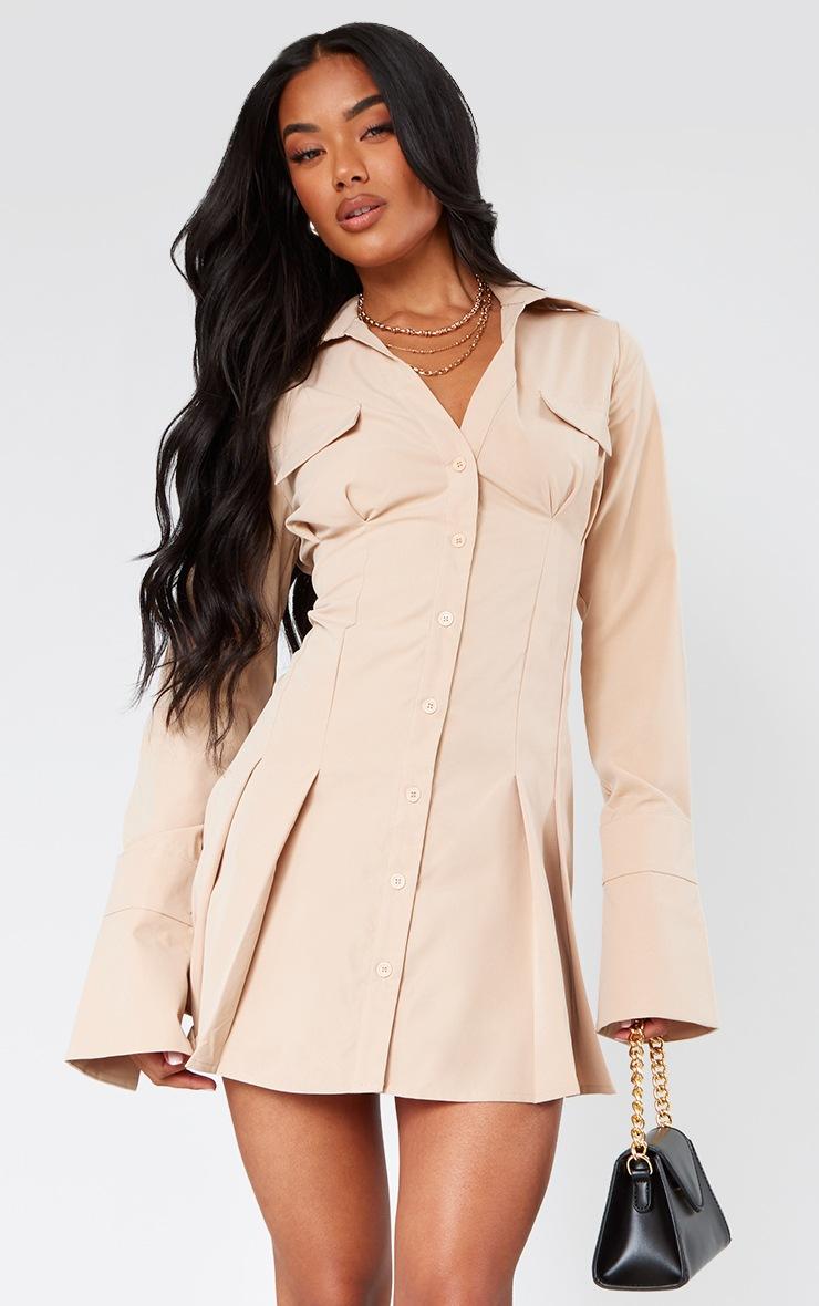 Pretty Little Thing Stone Poplin Pleated Flared Sleeve Shirt Dress