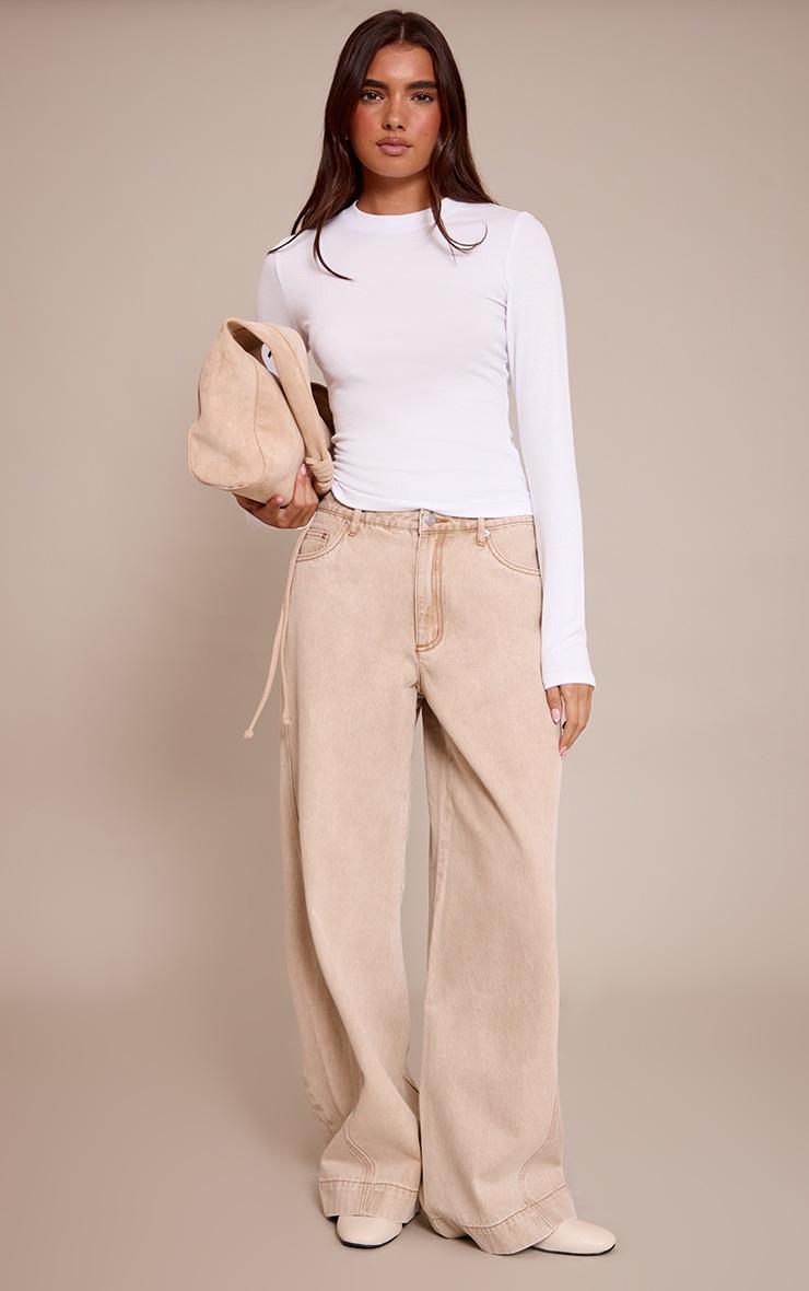 Pretty Little Thing Stone Relaxed Mid Rise Seam Detail Wide Leg Jeans