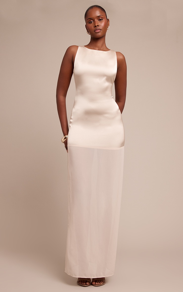 Pretty Little Thing Stone Satin Boat Neck Chiffon Detail Maxi Dress