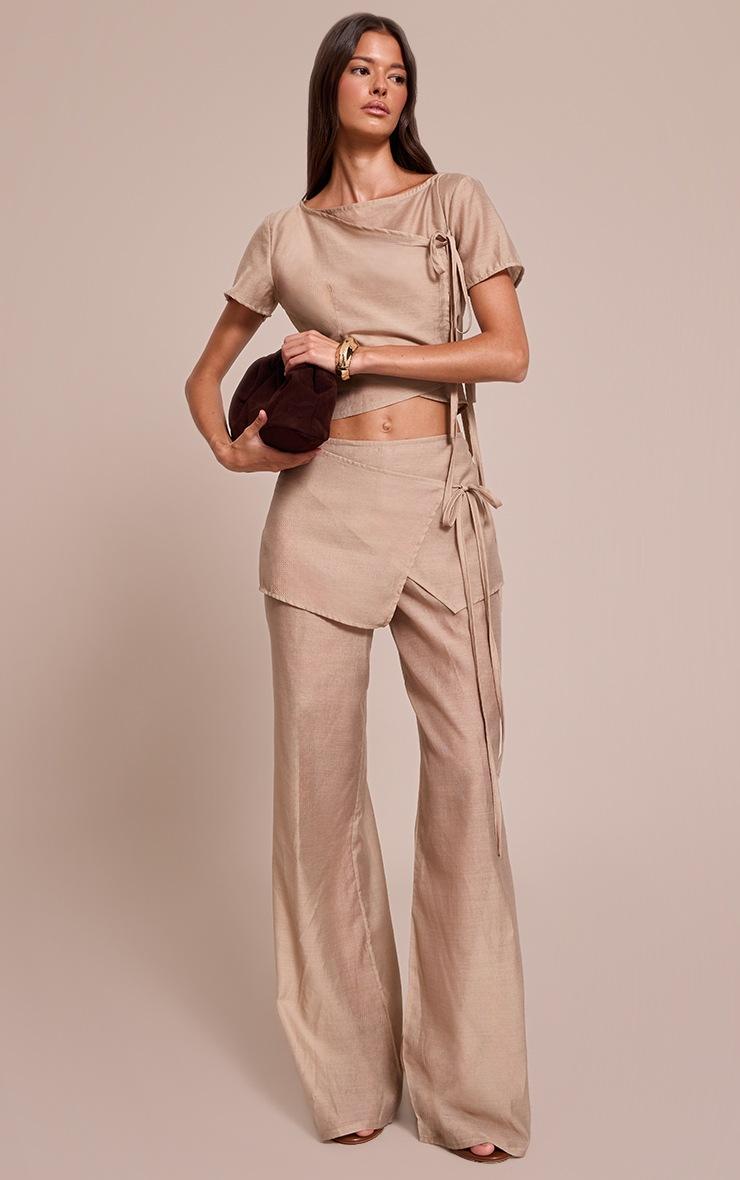 Pretty Little Thing Stone Sheer Organza Tie Detail Short Sleeve Top