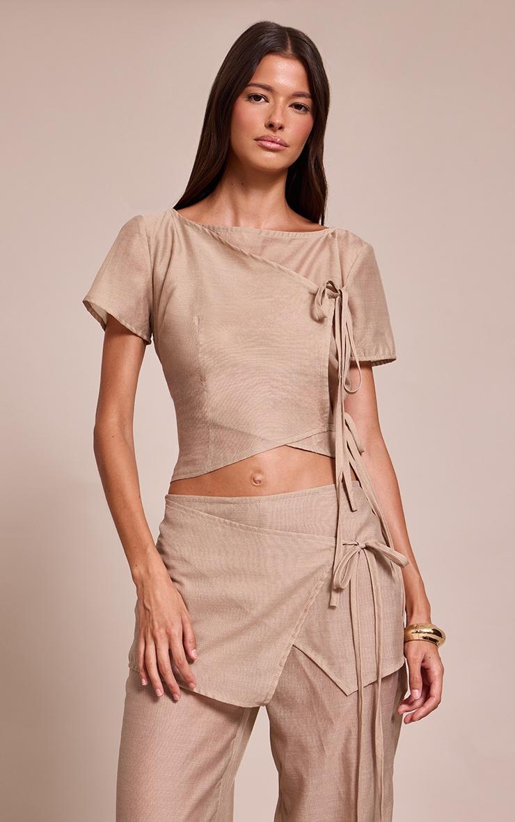 Pretty Little Thing Stone Sheer Organza Tie Detail Short Sleeve Top