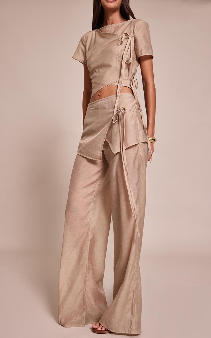 Pretty Little Thing Stone Sheer Organza Tie Detail Straight Leg Pants