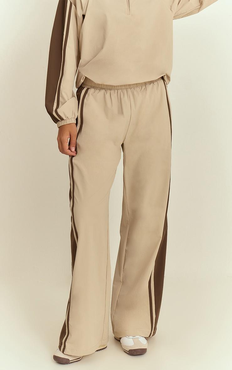 Pretty Little Thing Stone Shell Contrast Stripe Wide Leg Track Pants