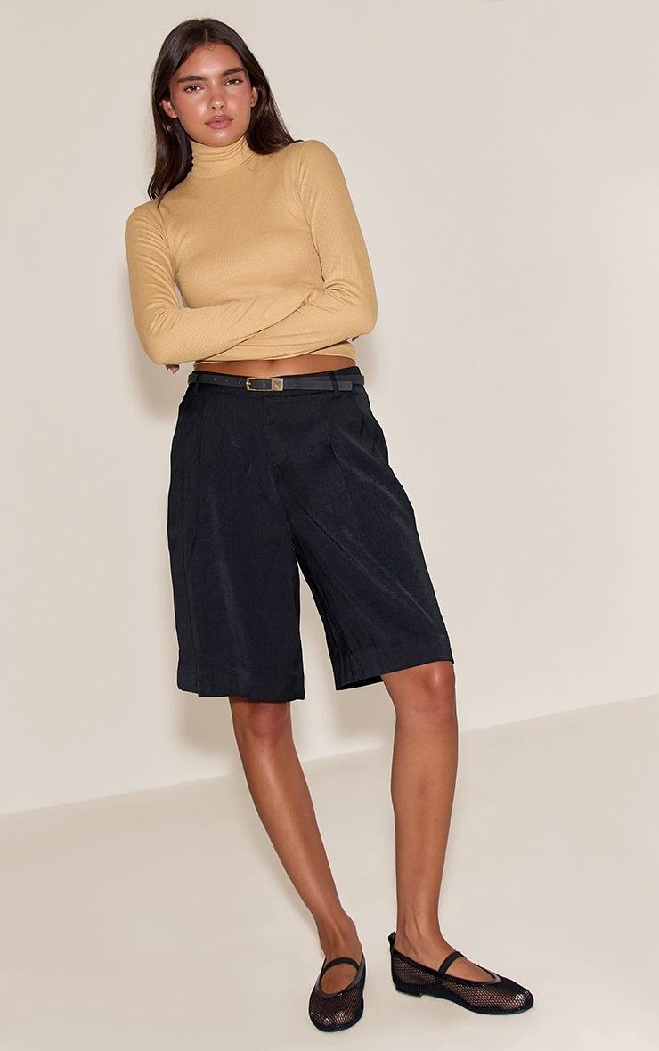 Pretty Little Thing Stone Soft Rib High Neck Fitted Long Sleeved Top