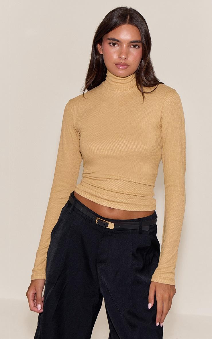 Pretty Little Thing Stone Soft Rib High Neck Fitted Long Sleeved Top