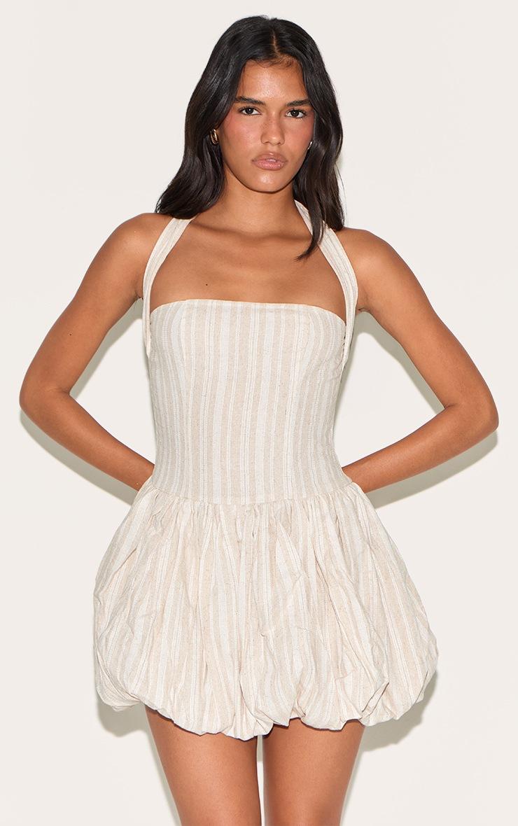 Pretty Little Thing Stone Striped Halterneck Puffball Dress